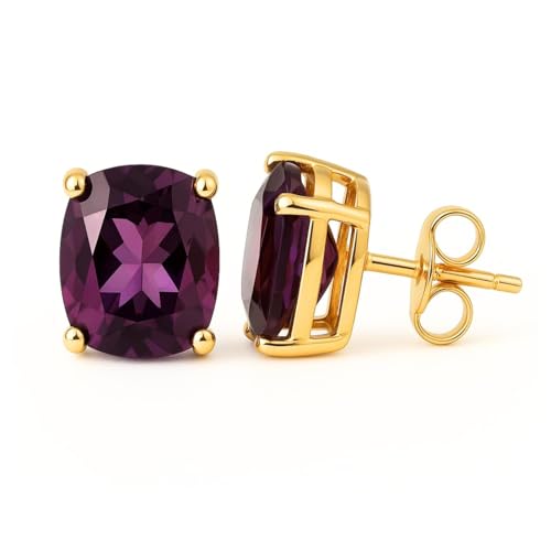 Women's 18K Gold Plated 8x10mm Princess Cut Gemstone Stud Earrings – Birthstone Jewelry for Her – Classic Cushion Studs - color: Amethyst