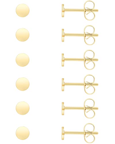 Unisex 6 Pairs Dot Stud Earrings, Surgical Steel Gold Plated Black Tiny Flat Disc Stud Earrings for Women Men - color: Gold-3mm