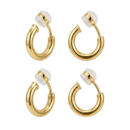 2 Pairs Clip On Gold Hoop Earrings for Women Non Pierced Ears, Gold Plated Small Huggie Hoops, Adjustable No Piercing Fake Earrings Set for Jewelry Gifts