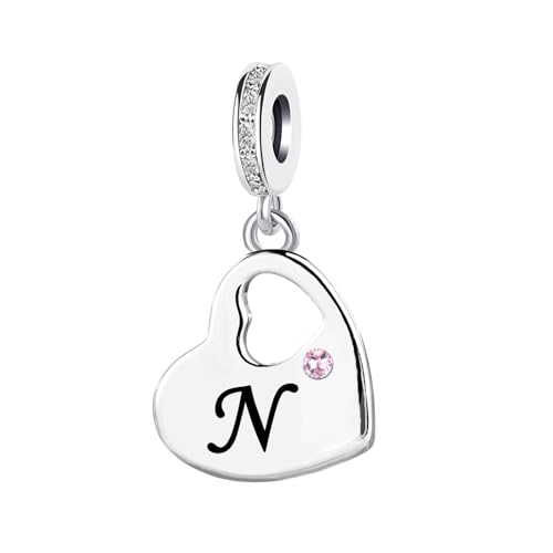 KunBead Initial A-Z Letter Pink Heart Alphabet Birthday Dangle Love Charms Compatible with Pandora Charm Bracelet for Auntie Friend Sister Mom Daughter Nana Granddaughter Wife - style: Letter N