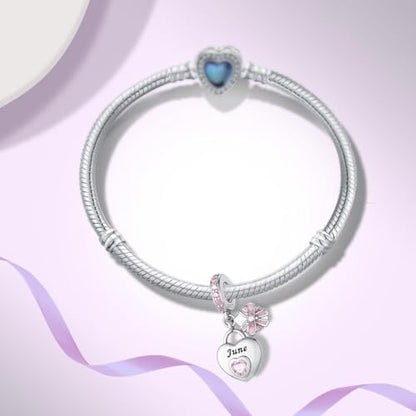 925 Sterling Silver Birthstone Bracelet Charm - Unique Heart Shaped Design, Fits most Europe Pandora Bracelets and Necklaces, women's DIY holiday Gifts - style: F-June