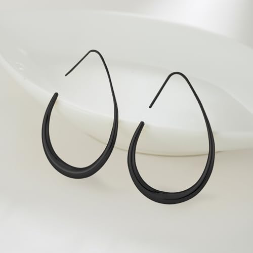 Lightweight Teardrop Hoop Earrings for Women - 14k Gold/White Gold Plated Large Oval Pull Through Hoop Earrings High Polished Statement Jewelry Gift for Women - color: E - Black