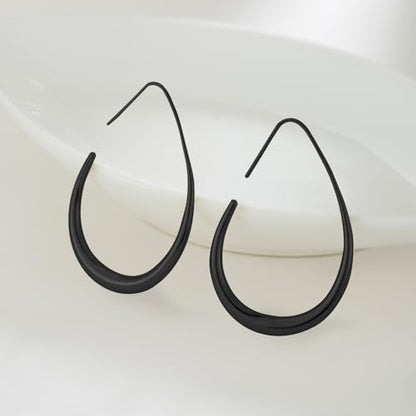 Lightweight Teardrop Hoop Earrings for Women - 14k Gold/White Gold Plated Large Oval Pull Through Hoop Earrings High Polished Statement Jewelry Gift for Women - color: E - Black