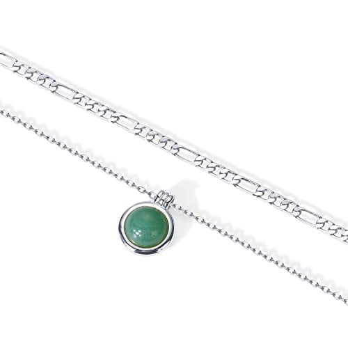PAVOI 14K Gold Plated Layered Necklaces for Women | Gemstone Pendant Figaro Chain Necklace | Carnelian, Green Aventurine, Malachite Layering Necklace - color: White Gold, style: Green Aventurine
