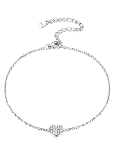 ChicSilver Personalized 925 Sterling Silver Tiny Heart/Moon/Star/Sun/Dot/Triangle Anklets Simple Dainty Foot Jewelry for Women, Silver/Gold Plated/Rose Gold Plated - style: Silver Heart CZ Custom
