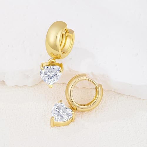 Gold Huggie Dangle Earrings for Women Chunky Hoop Huggies Cubic Zirconia Drop Earring Diamond Crystal Charm Statement Teardrop Earrings Jewelry Gifts - color: Gold-Heart