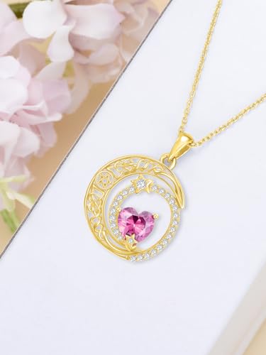 Midari 18K Yellow Gold Sun Moon Star Pendant Rose Flower Necklaces I Love You Forever Sun Moon Jewelry Gift for Mother Women - color: 10-Oct-Pink, style: Moon&Star