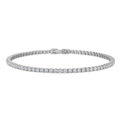 Tennis Bracelets for Women 2mm Dainty 14K Gold Plated CZ | 5A cubic zirconia, 4 prong sparkle, birthstone colors, 6.5-7.5 inches, fold over clasp, tarnish resistant, waterproof - color: Diamond-Like White