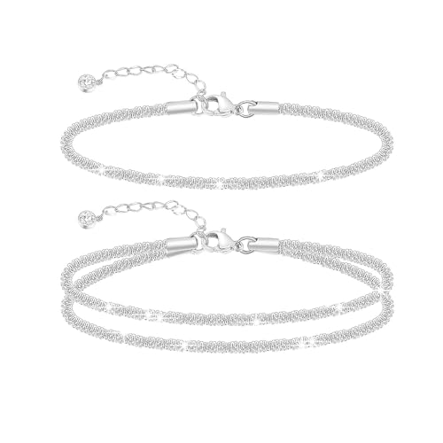 Sparkling Ankle Bracelets for Women Waterproof,18K Gold Plated Anklets for Women Large Ankles - color: B-3 Layered Star Chain-Silver