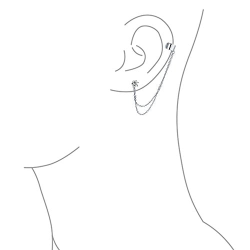 Bling Jewelry Geometric Cartilage Plain Band With Two Chains Ear Warp Cuff CZ Stud Ear Lobe Earring For Women Teens Men Rose 14K Gold Plated .925 Sterling Silver - color: Rose