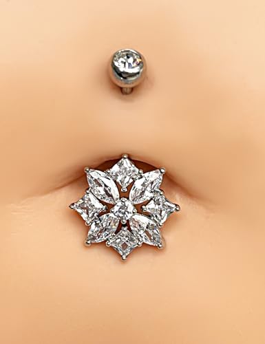 Belly Button Ring Dangle, Cross Belly Button Ring, Navel Piercing | 316L Surgical Steel, AAA+ Cubic Zirconia, Nickel-Free, Hypoallergenic, Multi-Style, 14 Gauge 10 mm Screw On Piercing Stud - style: A Flower with Square