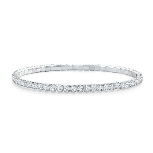 DAYBYDAY 3mm Stretch Tennis Bracelets for Women, 925 Sterling Silve Birthstone Bracelet, Dainty Adjustable Stackable Gemstone Cubic Zirconia Bracelet, Length 7.25-8 Inch