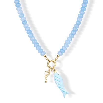 SAMYA Gemstone Beaded Necklace for Women | Ocean Charm Necklace with 8x4mm Natural Dyed Jade Beads, Adjustable 16"+2" Beach Necklace for Women - color: Aquamarine color