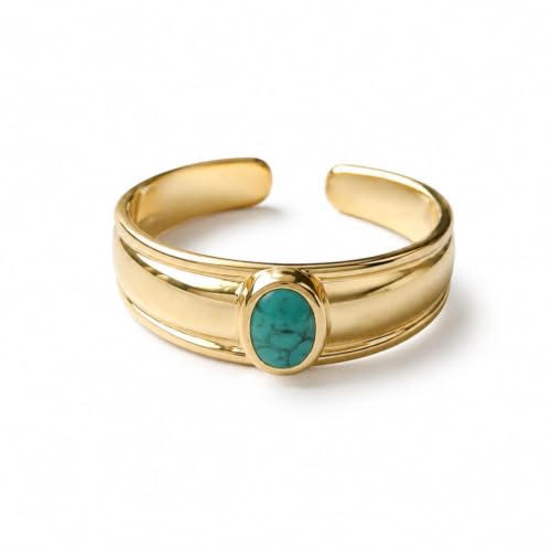Gold Plated Toe Ring for Women, Adjustable Open Band, Handmade | Fits Toe, Knuckle or Pinky Ring | One Size Fits Most | Comfortable to Wear | Minimalist Style | Water Resistant - color: Oval Turquoise Band