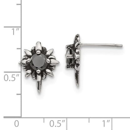 Diamond2Deal Stainless Steel Antiqued and Polished with Black Cubic Zirconia Stud Earrings Len-0.6 In, Wid-0.14 In
