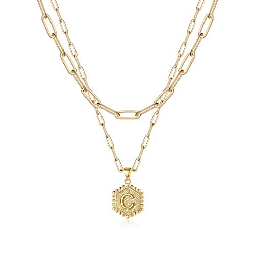 M MOOHAM Dainty Initial Necklaces for Women, 14K-Gold-Plated Layering Necklace for Women Cute Hexagon Letter Initial Necklace Layered Necklaces for Womens Teen Girl Gifts - color: 14K-Gold-Plated, style: C
