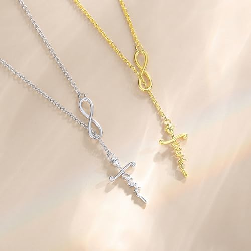 FANCIME White Gold Plated 925 Sterling Silver High Polished Infinity Cross Pendant Lariat Necklace Y Necklace Gift for Women, 18" - color: Faith