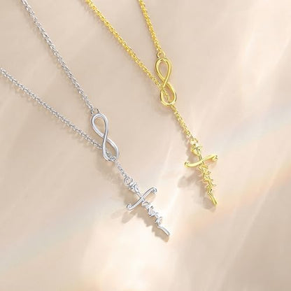 FANCIME White Gold Plated 925 Sterling Silver High Polished Infinity Cross Pendant Lariat Necklace Y Necklace Gift for Women, 18" - color: Faith