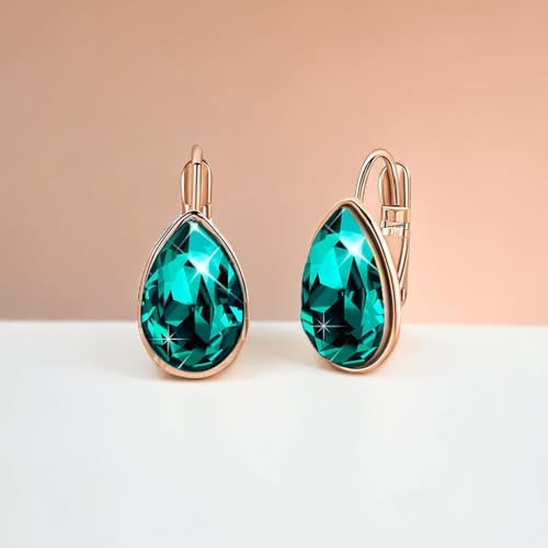 Austrian Crystal Teardrop Leverback Drop Earrings for Women | 14K Gold-Plated Finish, Sparkling Pear Stone, Smooth Bezel Frame, Secure Leverback Closure, Dainty Day-To-Evening Style - color: Emerald