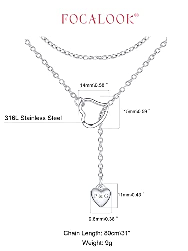 FOCALOOK Heart Lariat Necklaces for Women, Long Slip Chain Necklace | Hypoallergenic 316L Stainless Steel Silver/Black/Gold Plated, Front Slider Closure, Non Tarnish, Layered look, Everyday Wear - color: 05:SIlver Heart-Custom