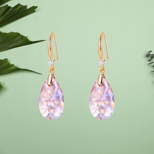 Austrian Crystal Teardrop Dangle Drop Earrings for Women 14K Gold Plated Hook Earring Hypoallergenic Jewelry Gifts for Women Girls - color: Pink