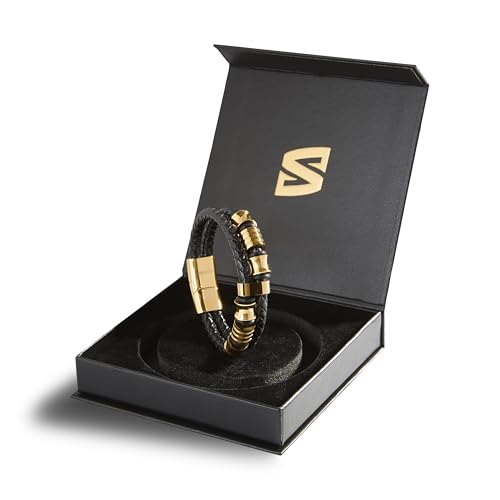 SERASAR Premium Leather Bracelet Men | Stainless Steel Magnetic Clasp | Three Colors | Jewelry Box Included - color: Gold, size: 17cm, style: Spirit