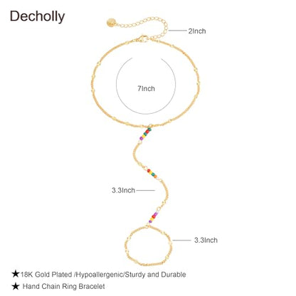 Hand Chain Bracelets for Women - 14K Real Gold Plated Dainty Stackable Paperclip Link Bracelets Hand Chain Bracelet Ring Gold Bracelets for Women Trendy - color: Colorful Sparkle Hand Chain