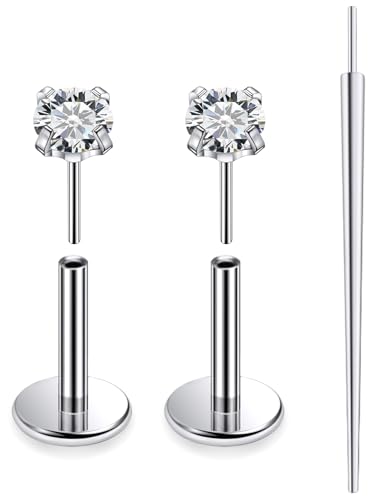 20G 18G 16G F136 Titanium Threadless Flat Back Earrings Nose Studs Tragus Forward Helix Conch Cartilage Lobe Earrings Medusa Labret Snake Bite Monroe Lip Ring Piercing Jewelry For Women Men - size: 16G-6MM Bar-CZ 2MM