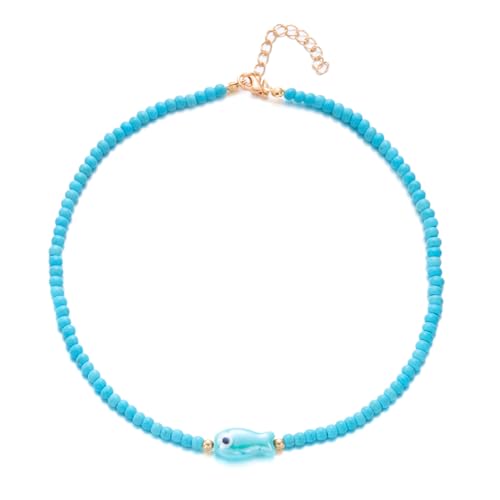 Seed Bead Choker Necklace for Women Bohemian Tiny Beads Choker Colorful Rice Bead Starfish Choker Summer Surfer Beach Necklace Jewelry Gift - color: B-Blue Fish