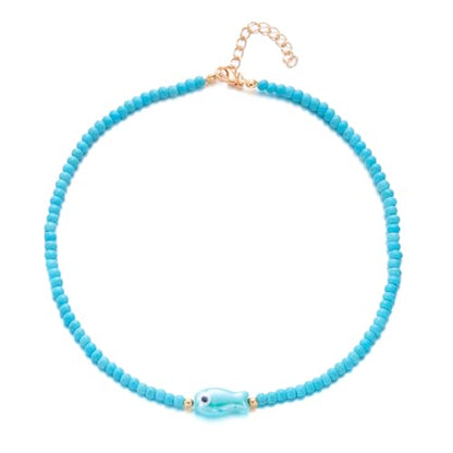 Seed Bead Choker Necklace for Women Bohemian Tiny Beads Choker Colorful Rice Bead Starfish Choker Summer Surfer Beach Necklace Jewelry Gift - color: B-Blue Fish