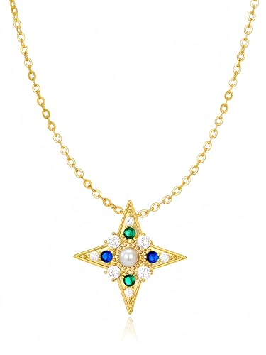 Celestial Star Moon Pendant Necklaces for Women Trendy, 14K Gold Plated Dainty Charm Necklaces with Green Blue Zircon, Gold Pendant Necklace for Wedding & Everyday Wear - style: Starburst Necklace