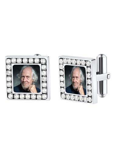 FindChic Stainless Steel Round Cufflinks with Custom Text/Picture/Monogram Letters 18K Gold Plated/Black Color for Men Groom Suits Shirts, with Gift Box - style: 02. CZ custom photo-square (stainless steel)