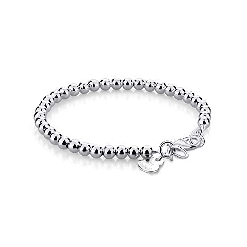 Dankadi New Women's 925 Sterling Silver Bracelet Minimalist 4-6MM Round Bead Chain Solid Silver Bracelet Charm Jewelry Lobster Claw Clasp - style: Silver 4mm18cm