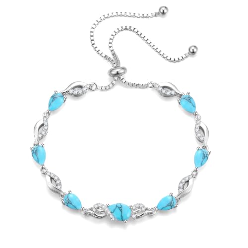 FANCIME Birthstone Teardrop Tennis Bracelet for Women, Sterling Silver 9x7mm main Gemstone Bolo Adjustable Chain Bracelet Fine Jewelry Birthday Gifts for Women Mom Wife Her - color: 12-Turquoise