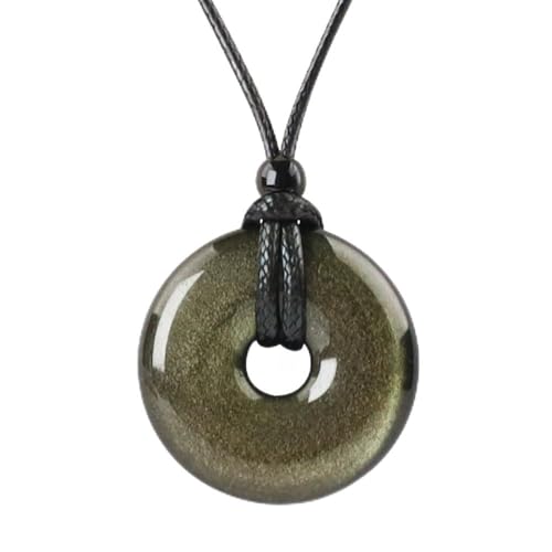 Anjiucc Natural Gemstone Pendant Necklce Lucky Coin Crystal Necklace Donut Pendnat with Adjustable Rope Healing Crystal for Men - color: Gold Sheen Obsidian