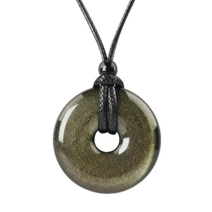 Anjiucc Natural Gemstone Pendant Necklce Lucky Coin Crystal Necklace Donut Pendnat with Adjustable Rope Healing Crystal for Men - color: Gold Sheen Obsidian