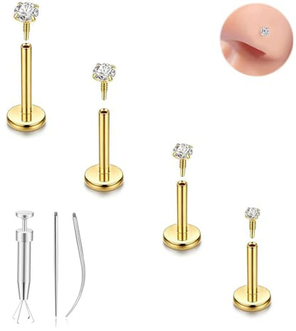 16G 18G 20G Hypoallergenic Threadless Flat Back Nose Studs Women | Medical Steel, CZ 1.5-3mm, Nostril Tragus Helix Piercing, A Secure Fit And Everyday Wear For Sensitive Skin - color: Gold-16G-F