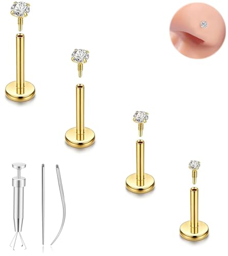 16G 18G 20G Hypoallergenic Threadless Flat Back Nose Studs Women | Medical Steel, CZ 1.5-3mm, Nostril Tragus Helix Piercing, A Secure Fit And Everyday Wear For Sensitive Skin - color: Gold-18G-D