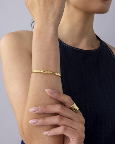 PAVOI Waterproof Bangle Bracelets for Women - 14K Gold Plated Quilted Bangle Stack - Stainless Steel Dainty Gold Bracelet Trendy Summer Fashion Jewelry - color: Yellow Gold, size: 6.5 Inches