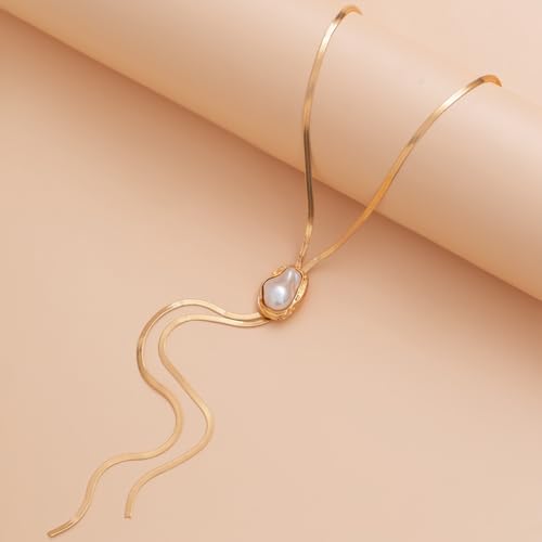 FUTIMELY Dainty Long Gold Necklace for Women,Thin Herringbone Chain Necklace,Long Lariat Necklace Body Jewelry - color: Pearl Gold