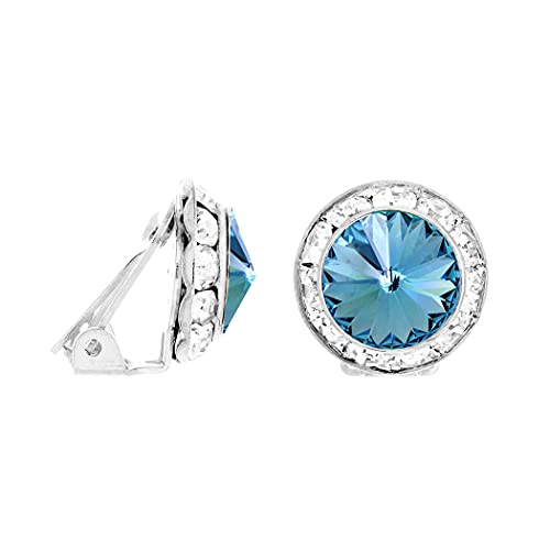 Rosemarie & Jubalee Women's Timeless Classic Statement Clip On Halo Earrings Made With Premium Crystals - color: 15mm, Aquamarine Silver Tone