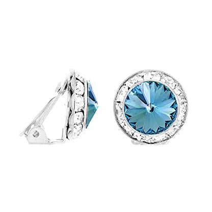 Rosemarie & Jubalee Women's Timeless Classic Statement Clip On Halo Earrings Made With Premium Crystals - color: 15mm, Aquamarine Silver Tone