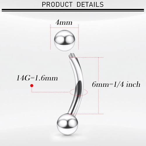 18G-00G Eyebrow Rings Internally Threaded Snake Eyes Piercing Jewelry Tongue Surgical Steel Curved Barbell Vertical Lip Labret Rook Daith Earrings Piercing Jewelry for Women Men 6mm-19mm - color: silver, size: 14G(1.6mm)-6mm barbells-4mm Balls