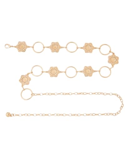 WELROG Metal Waist Chain Belt for Women - Pearls Gold Silver Chain Belts for Dresses Jeans - color: Circle flower(Gold)