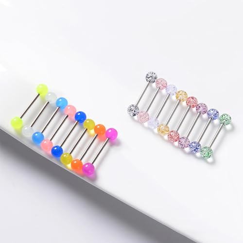 FORUBUS Colorful Tongue Rings Nipple Rings for Women Body Piercing Jewelry 14G 16mm Pierced Barbells Body Jewelry 50Pcs/30Pcs/20Pcs Pack - color: E-16pcs glow steel