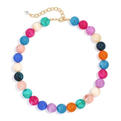 Chunky Beaded Necklace for Women Boho Statement Bead Necklace | Adjustable, Lightweight Choker, Round/Oval/Pebble Beads, Trendy Summer Beach Jewelry - color: Colorful