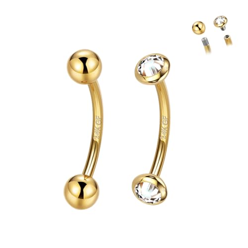 2 Pcs 14k Gold Filled Eyebrow Rings, 16G Threaded Rook Piercing Jewelry, Surgical Steel Vertical Lip Labret Belly Tongue Ring Daith Earring Curved Barbells - color: 6mm-2pcs Inlaid CZ