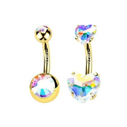 2pcs 14k Gold Filled Belly Button Rings, 14G 8mm/10mm/12mm Threaded Barbell Belly Button Piercing, Navel Ring Piercing Jewelry - color: 14K GF-2pcs-AB Heart CZ-10mm
