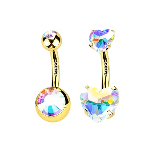 2pcs 14k Gold Filled Belly Button Rings, 14G 8mm/10mm/12mm Threaded Barbell Belly Button Piercing, Navel Ring Piercing Jewelry - color: 14K GF-2pcs-AB Heart CZ-10mm
