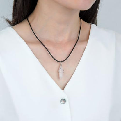 Adabele 1pc Natural Gemstone Bullet Pendant Necklace 18 Inch Crystal Stone Quartz Reiki Chakra Energy Rock PU Leather Cord Necklace Waterproof Women Jewelry - color: Rose quartz (pink)